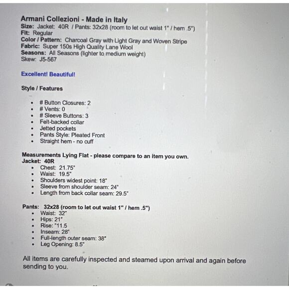 Armani Collezioni 40R 32x28 Gray Stripe Designer Suit Made in Italy Super 150s - Picture 14 of 16